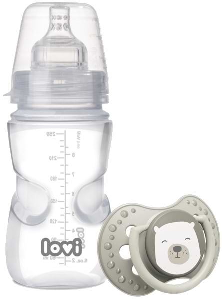 Бутылочка для кормления Lovi Набор сохраняющий сосательный рефлекс_250 мл. + пустышка BB (0205exp)