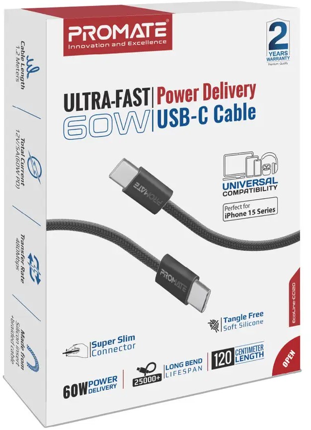 Фото - Кабель синхронізації даних Promate Type-C - USB Type-C (ecoline-cc120.black)