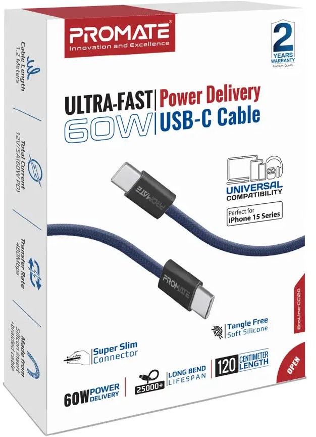 Фото - Кабель синхронізації даних Promate Type-C - USB Type-C (ecoline-cc120.navy)