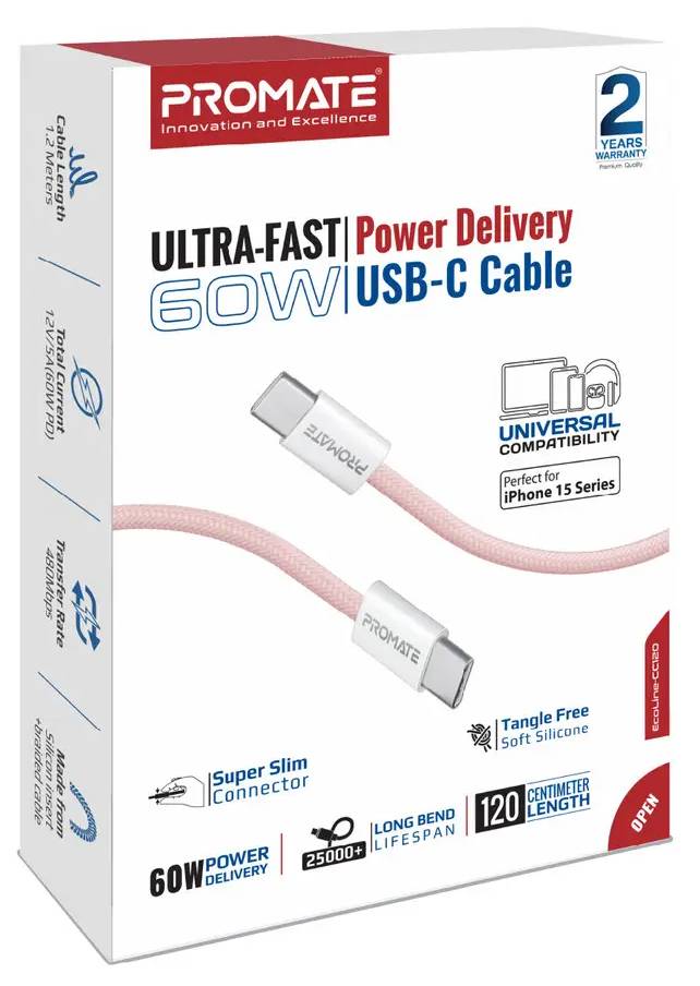 Фото - Кабель синхронізації даних Promate Type-C - USB Type-C (ecoline-cc120.pink)