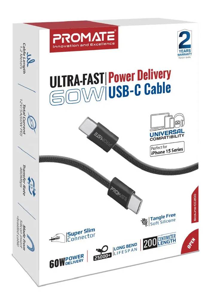 Фото - Кабель синхронизации данных Promate Type-C - USB Type-C (ecoline-cc200.black)
