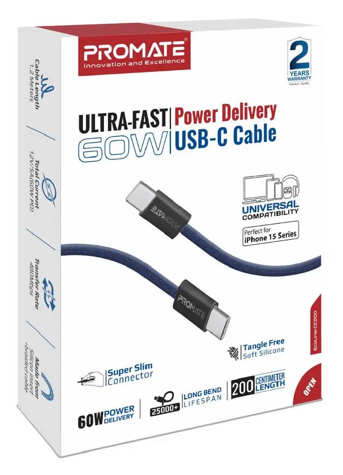 Фото - Кабель синхронізації даних Promate Type-C - USB Type-C (ecoline-cc200.navy)