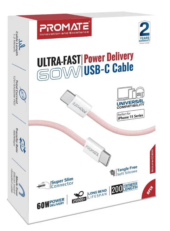 Фото - Кабель синхронізації даних Promate Type-C - USB Type-C (ecoline-cc200.pink)