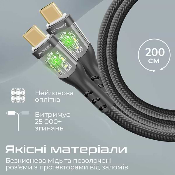 Фото - Кабель синхронизации данных Promate Type-C - USB Type-C (transline-cc200.black)