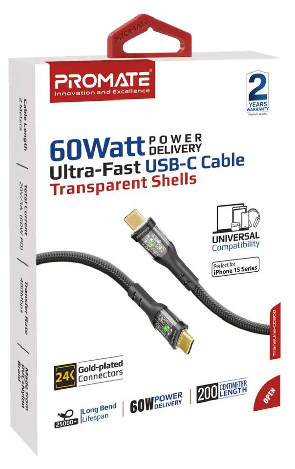 Фото - Кабель синхронизации данных Promate Type-C - USB Type-C (transline-cc200.black)
