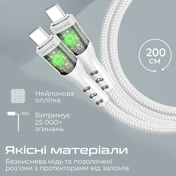 Фото - Кабель синхронизации данных Promate Type-C - USB Type-C (transline-cc200.white)