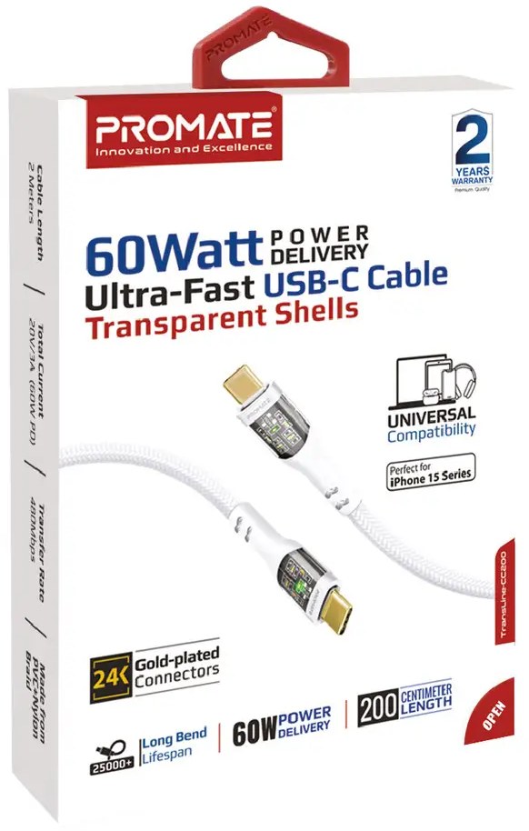 Фото - Кабель синхронизации данных Promate Type-C - USB Type-C (transline-cc200.white)