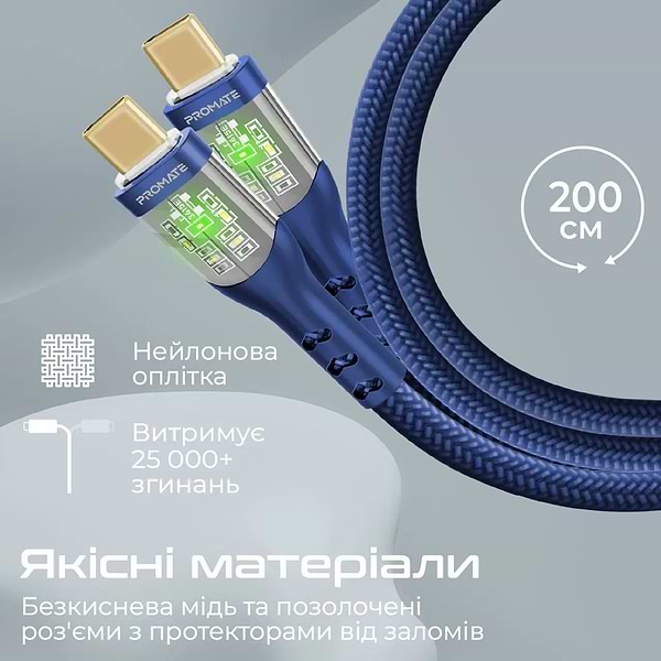 Фото - Кабель синхронизации данных Promate Type-C - USB Type-C (transline-cc200.navy)