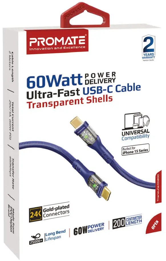 Фото - Кабель синхронизации данных Promate Type-C - USB Type-C (transline-cc200.navy)