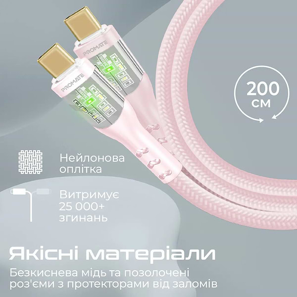 Фото - Кабель синхронізації даних Promate Type-C - USB Type-C (transline-cc200.pink)