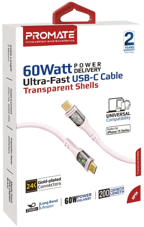 Фото - Кабель синхронізації даних Promate Type-C - USB Type-C (transline-cc200.pink)