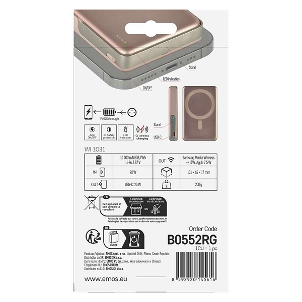 Фото - Батарея мобільна EMOS B0552RG 10000мАч бездротова зарядка, підставка рожевий