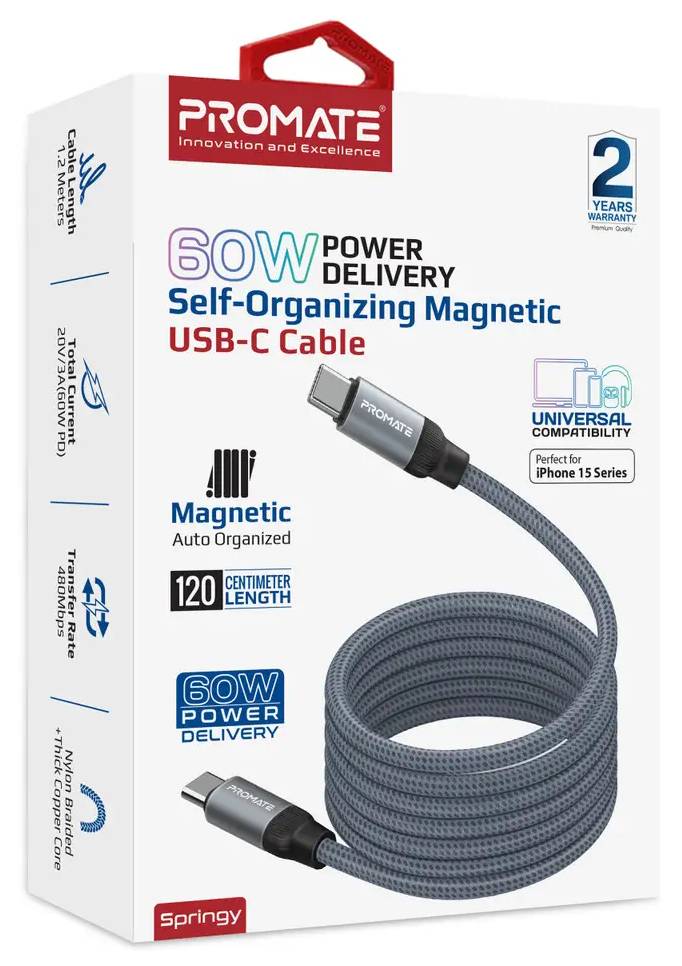 Фото - Кабель синхронизации данных Promate Type-C - USB Type-C (springy.grey)