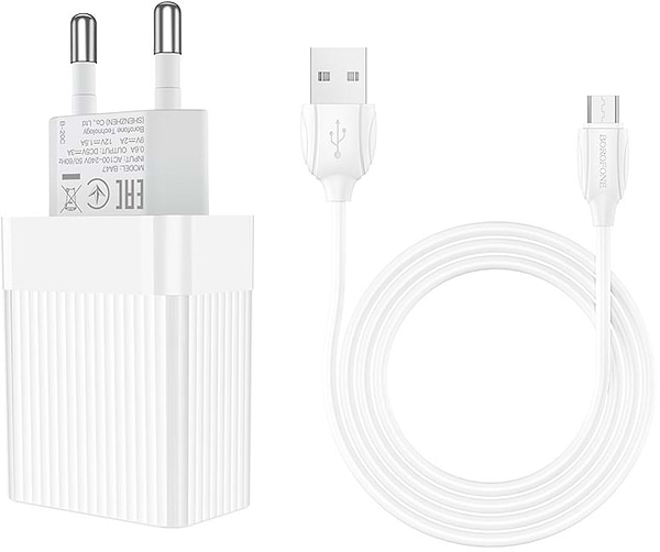 Фото - Мережевий зарядний пристрій BOROFONE BA47A QC3.0 3A + Micro-USB cable 18W White (6931474728302)