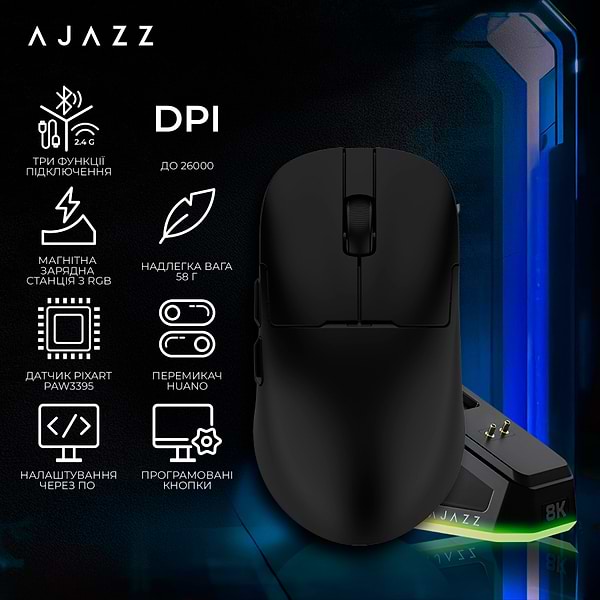 Фото - Миша бездротова ігрова Ajazz AJ159PRO -3 Mod-Black-Pixart 3395-8K (AJ159-PRO-B)