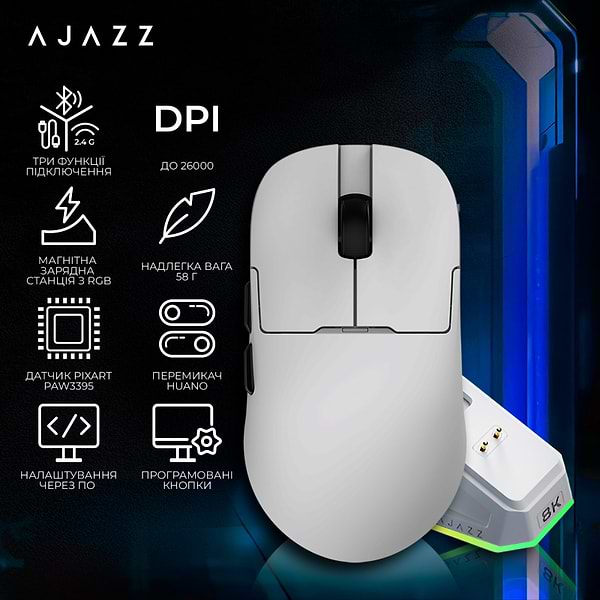Фото - Миша бездротова ігрова Ajazz AJ159PRO -3 Mod-White-Pixart 3395-8K (AJ159-PRO-W)
