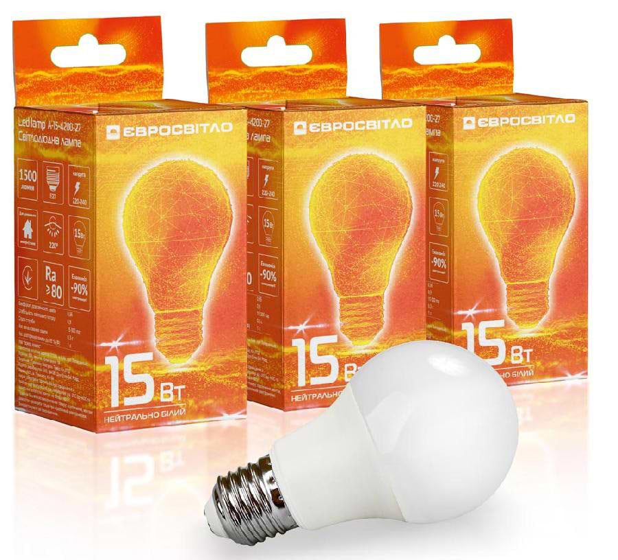 Лампочка світлодіодна Євросвітло 15Вт 4200К A-15-4200-27 Е27 3 шт. (000056824)