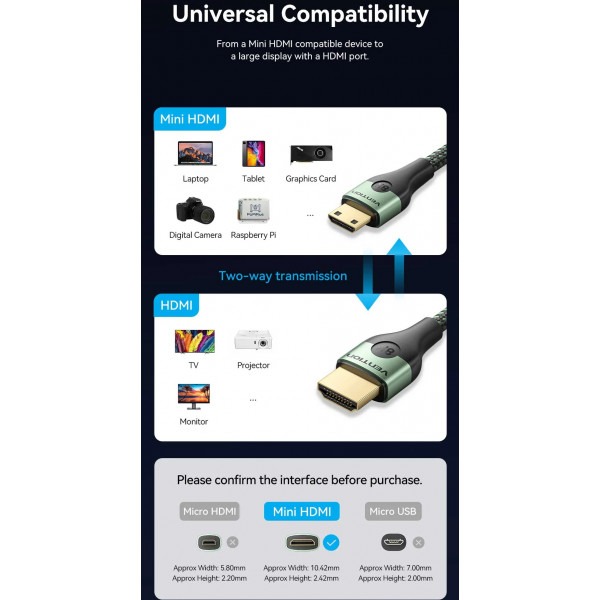 Фото - Кабель HDMI Vention HDMI M - Mini M 2.0m V2.1 (AGJGH)
