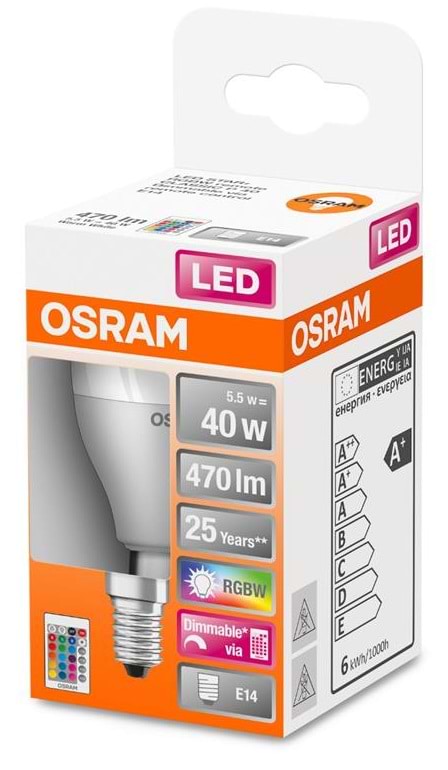 Фото - Лампочка світлодіодна Osram LED Star Е14 5.5-40W 2700K + RGB 220V Р45 пульт ДУ (4058075430877)