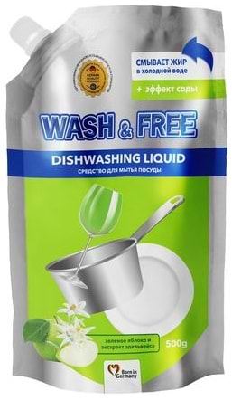 Фото - Засіб для ручного миття посуду WASH & FREE Зелене яблуко та екстракт едельвейса (doypack) 500г