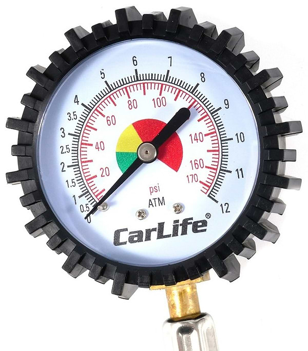 Фото - Манометр автомобильный CarLife 12 Атм, металлический, гибкий шланг, двойной зажим (TG582)