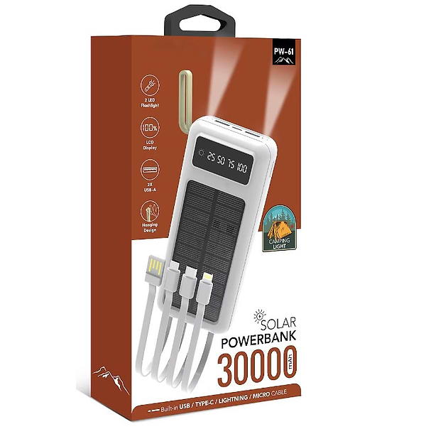 Фото - Батарея мобільна ACL PW-61 30000mAh, SOLAR, Type-C/Lighting/Micro/USB, White