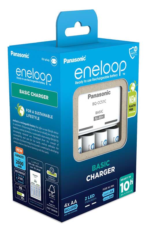 Фото - З/пристрій для акумуляторів AA/AAA Panasonic Basic Charger+ Eneloop 4AA 1900 mAh(K-KJ51MCD40E)