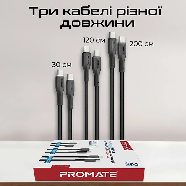 Фото - Кабель синхронізації даних Promate Type-C (cablekit-cc.black)