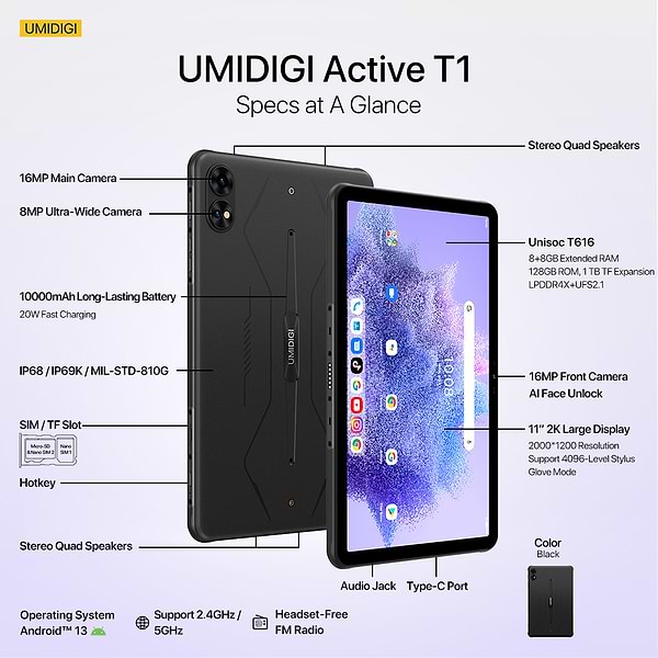 Фото - Планшет Umidigi Active T1 (MT09) 11'' 8/128Gb LTE Black
