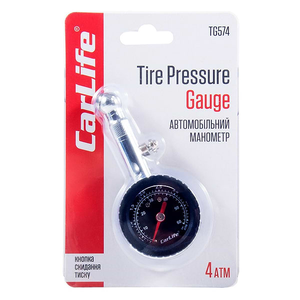Фото - Манометр автомобільний CarLife 4 Атм, металевий з гумовим покриттям (TG574)