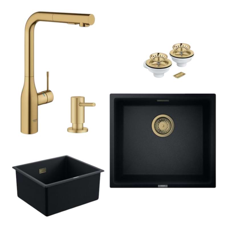 Мойка кухонная+смеситель+дозатор Grohe K700U (31653AP0) + 30270GN0 + 40535GN0 + сливной комплект 40997GN0, черный гранит/матовый прохладный восход солнца (31653APGN)