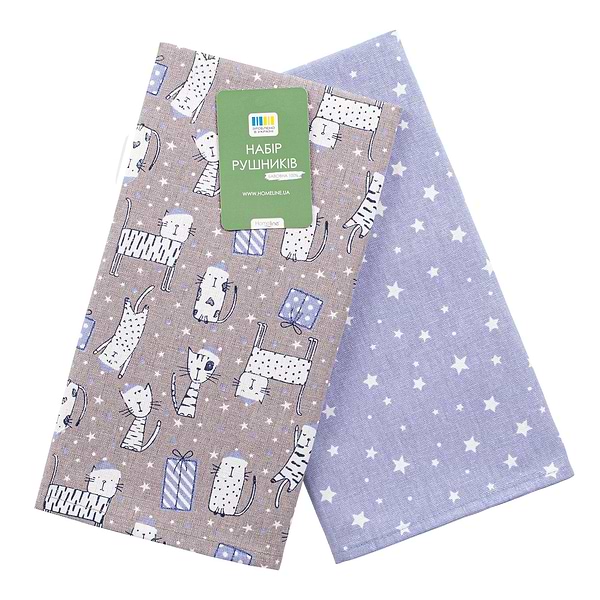 Фото - Набір рушників Home Line 40х60 см 2 шт. НАПІВПАНАМА щ220 СВЯТКОВІ КОТИ Сіро-блакитний (192704)