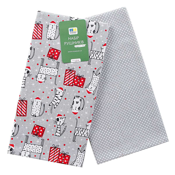 Фото - Набір рушників Home Line 40х60 см 2 шт. НАПІВПАНАМА щ220 СВЯТКОВІ КОТИ Сірий (192702)