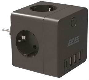 Разветвитель 220В 2E 3xТипF, 16A, 2xUSB-A, 1x USB-C Black (2E-AD431BK)
