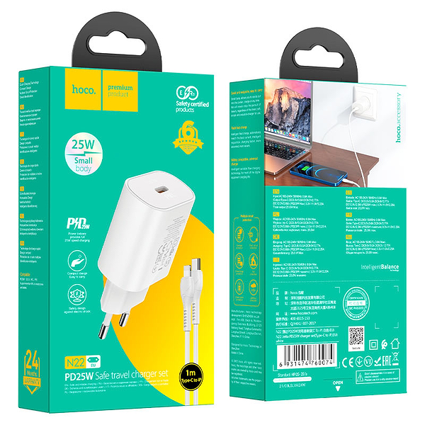 Фото - Сетевое зарядное устройство HOCO N22 Jetta PD25W charger set (Type-C to iP)(EU) White (6931474760074)