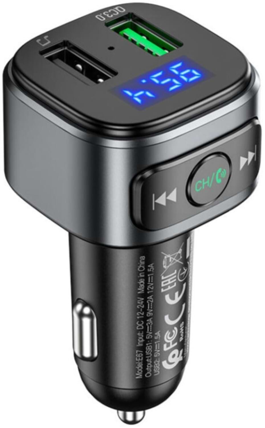 FM модулятор HOCO E67 Fighter QC3.0 18W car BT FM transmitter Black (6931474762122)