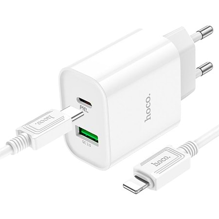Мережевий зарядний пристрій HOCO C80A Plus Rapido PD20W+QC3.0 charger set(C to iP) White (6931474779892) - Фото 1