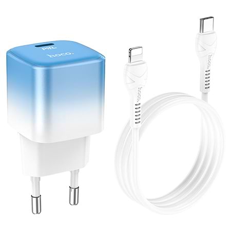 Сетевое зарядное устройство HOCO C101A single port PD20W charger set(C to iP) Ice Blue (6931474769381)