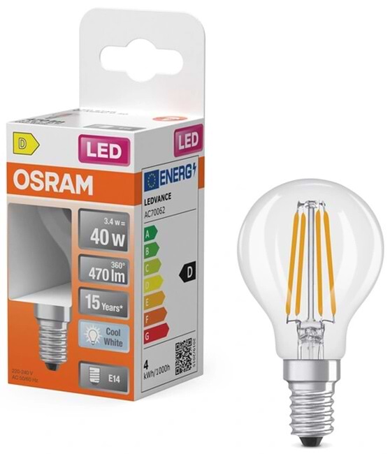 Лампочка світлодіодна Osram LED E14 3.4Вт 4000K 470Лм P45 (4099854468339)