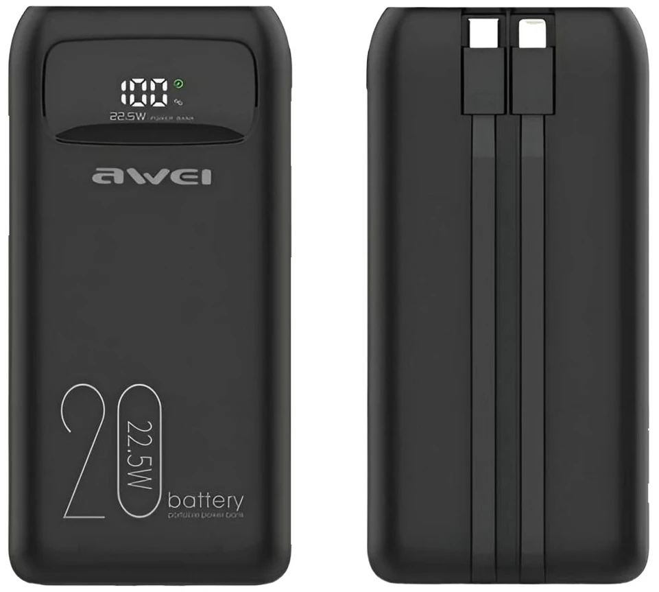 Батарея мобильная Awei P169K 20000mAh 22.5W PD Black (6954284002455)