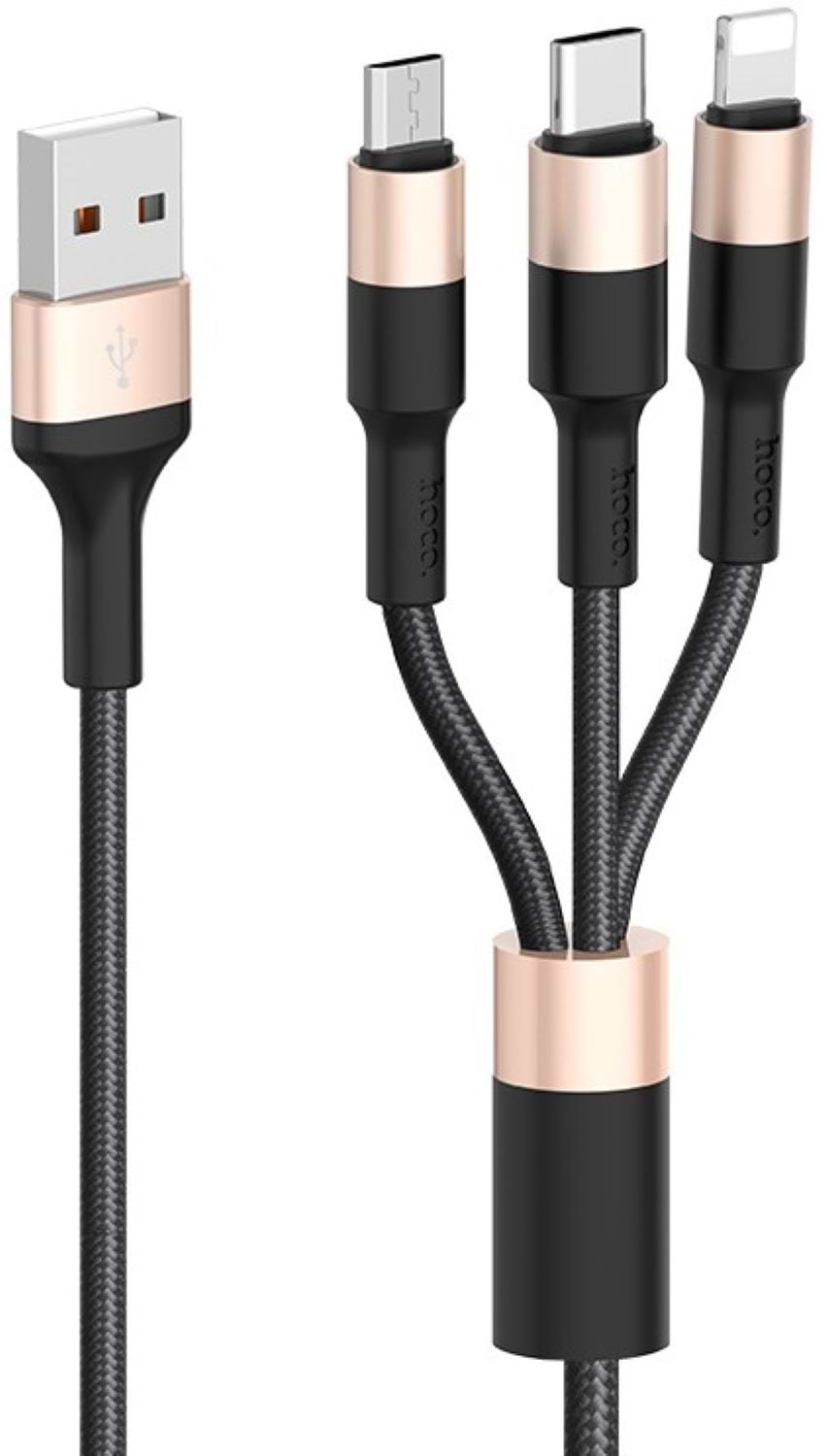 Кабель HOCO X26 USB to iP+Type-C+Micro 2A, 1m Black+Gold (6957531080275)