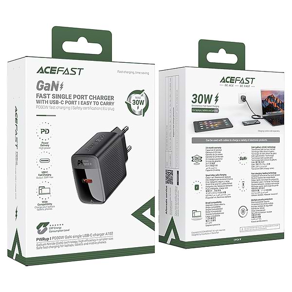 Фото - Сетевое зарядное устройство AceFast A102 PD30W GaN single USB-C charger (EU) Black (6974316283287)
