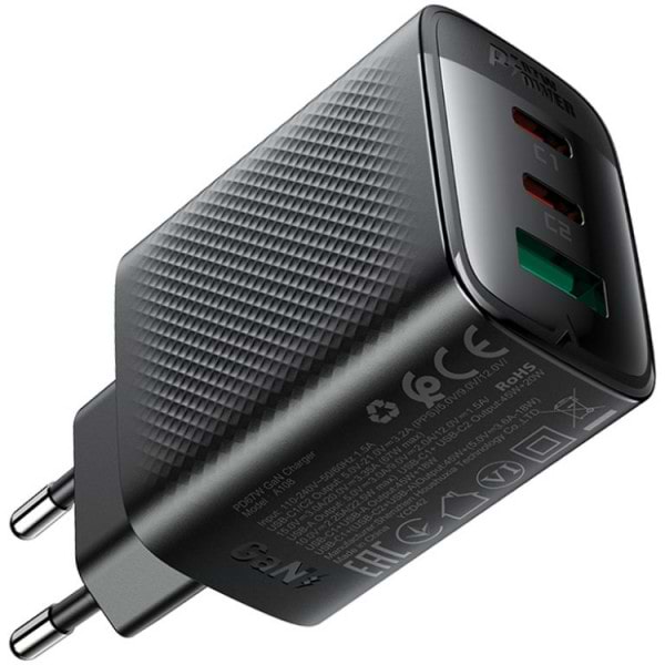 Фото - Мережевий зарядний пристрій AceFast 3xUSB 67W (2xUSB-C+USB-C) Gan A108 Fast Charger Black (6974316284048)