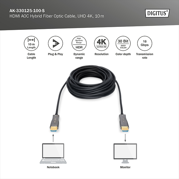 Фото - Кабель HDMI Digitus UHD 4K AOC hybrid-fiber, type A M/M 15 м Black (AK-330125-150-S)