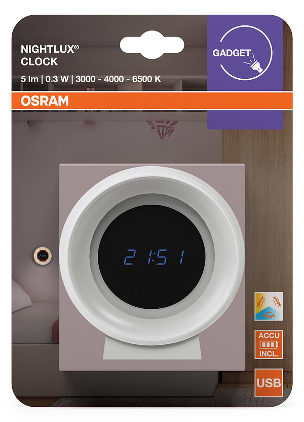 Фото - Ночник Osram NIGHTLUX CLOCK 3000/4000/6500К White (4099854530838)