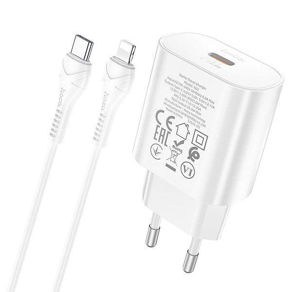 Фото - Сетевое зарядное устройство HOCO N22 Jetta PD25W charger set (Type-C to iP)(EU) White (6931474760074)