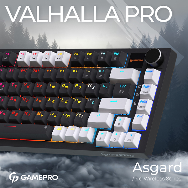 Фото - Клавіатура бездротова ігрова GamePro Asgard Valhalla Pro 75% Wireless/Bluetooth/USB Black (MK160B-D-Pro)
