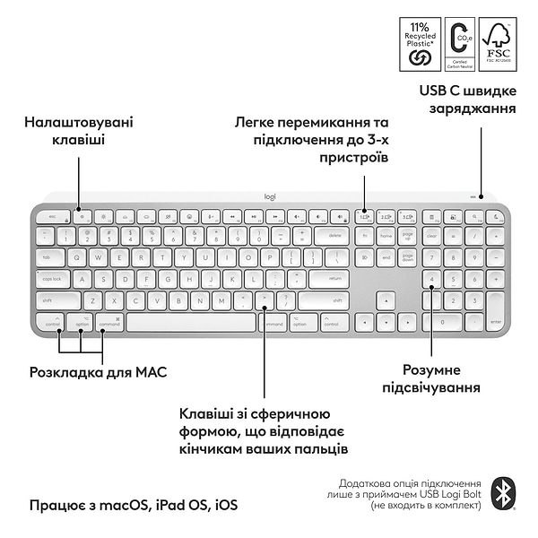 Фото - Клавиатура беспроводная Logitech MX Keys S for Mac Pale Grey (920-011638)