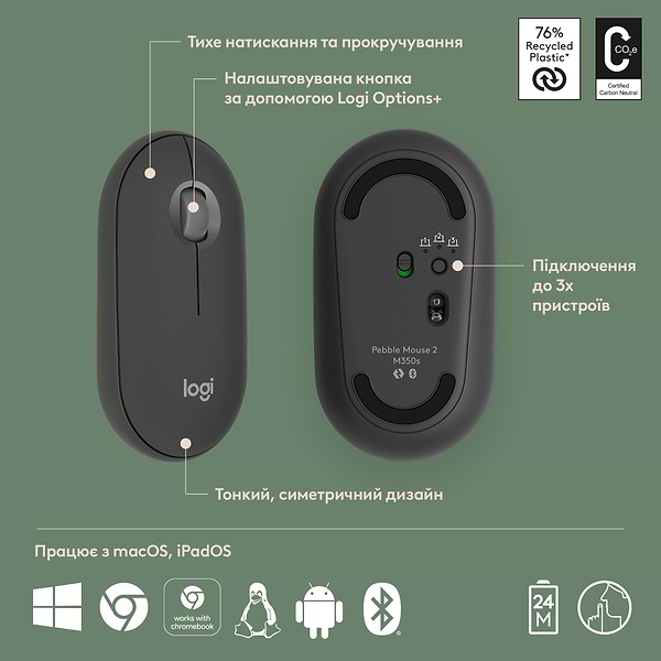 Фото - Миша бездротова Logitech Pebble Mouse 2 M350s Graphite Bluetooth (910-007015)