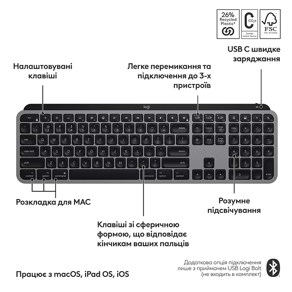 Фото - Клавиатура беспроводная Logitech MX Keys S for Mac Space Grey (920-011637)